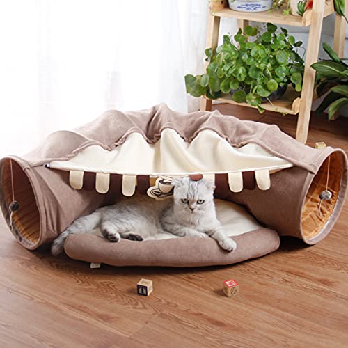 Image of LEFTSTARER 2-in-1 Collapsible Cat Tunnel for Indoor Bed and Hideout - Pet Dog Rabbit Bunny Ferret Tunnel Tubes Toys with Removable Washable Mat, Tower Wheel Stuff