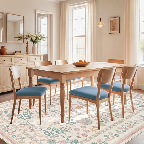 9x12 Area Rug Living Room Rugs - Washable Boho Vintage Floral Large Soft Non Slip Thin Rug Low Pile Carpet for Bedroom Dining Room Kids Playroom Office Decor Indoor - Pink