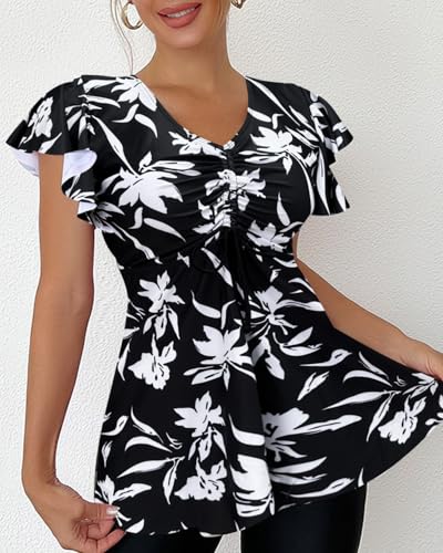 Fanuerg Women's Flowy Tankini Top Only Ruffle Sleeve Swim Bathing Suit Tops Modest Drawstring Swimsuit Top No Bottom2