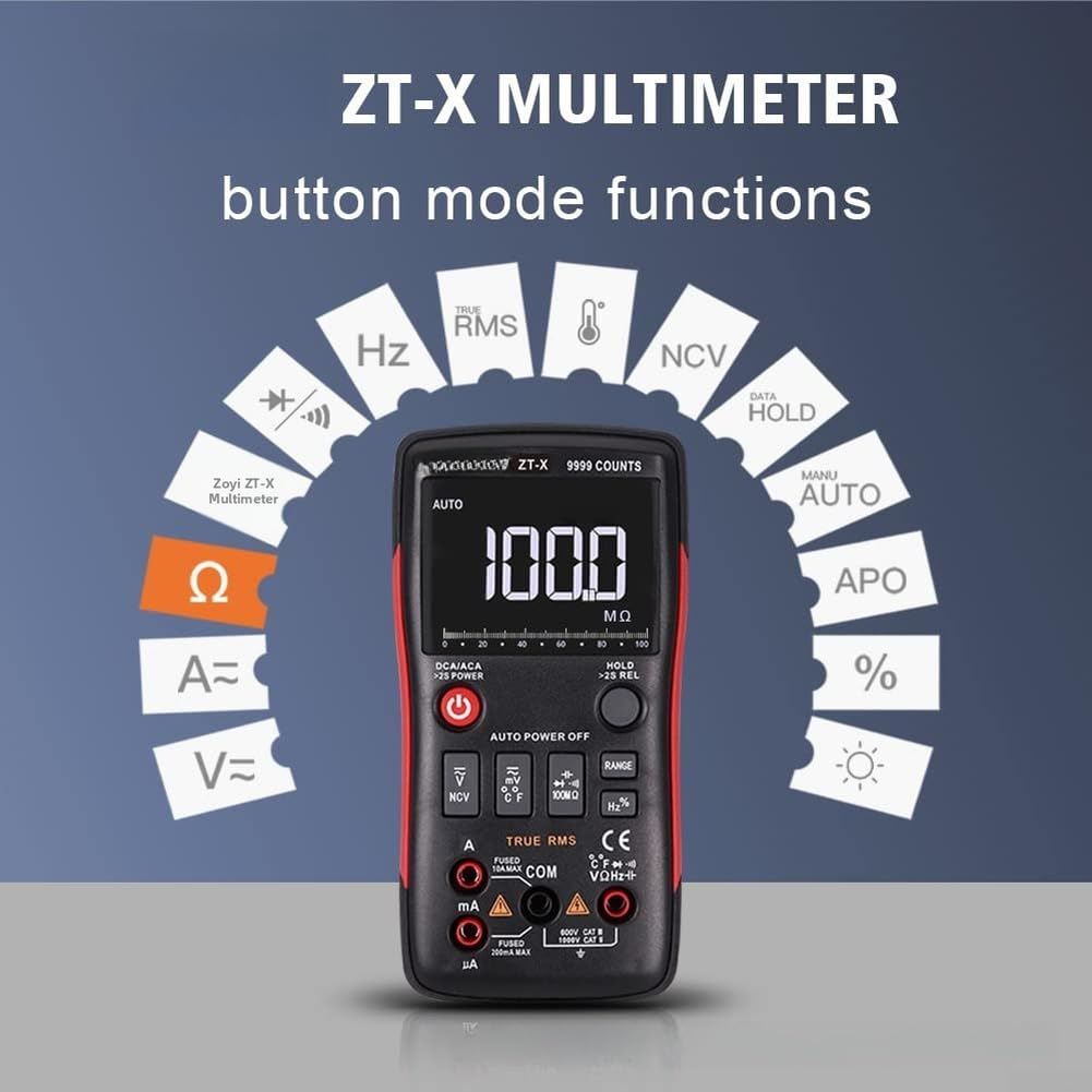 ZT-X Multimetro digitale 9999 Count True RMS, gamma automatica, rilevamento tensione senza contatto, ampia gamma di funzioni di misurazione per diagnostica elettrica