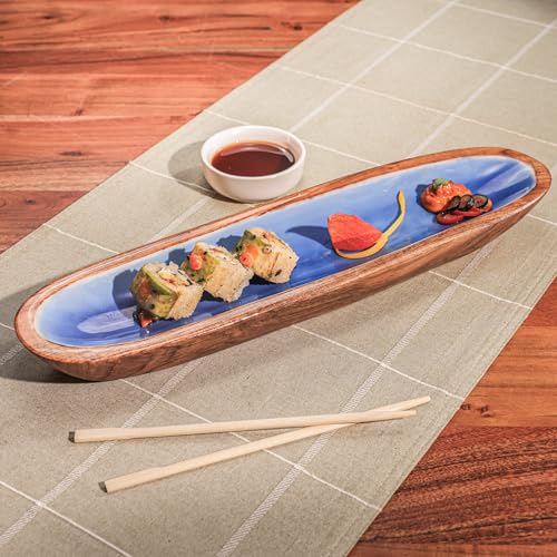 Image of Snack Attack Serving Platter | Acacia Wood Multipurpose Platter for Snacks, Fruits & Desserts | Vibrant Blue Decorative Tableware for Home & Kitchen