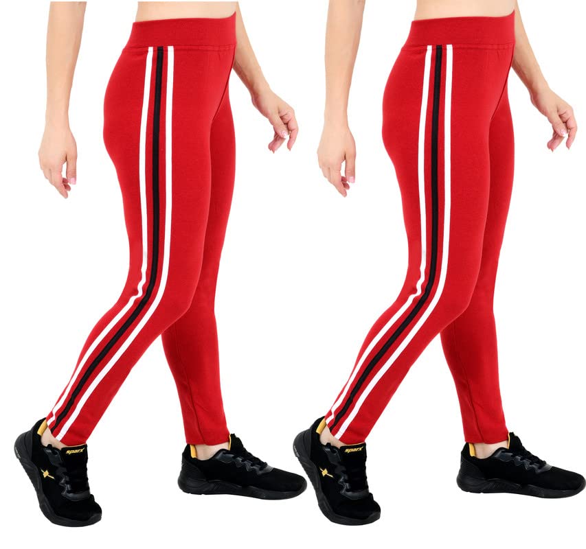 Freely Gym & Sports Wear Leggings Ankle Length - Workout Trousers - Stretchable Striped Jeggings - Yoga Track Pants for Girls & Women - Pack of 2
