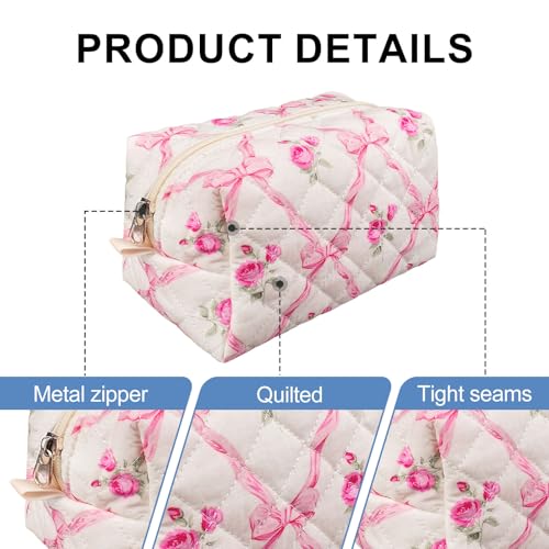 Quilted Makeup Bag,Small Travel Floral Cosmetic Bag Cute Pouch,Cotton Makeup Brushes Storage Bag for Women3