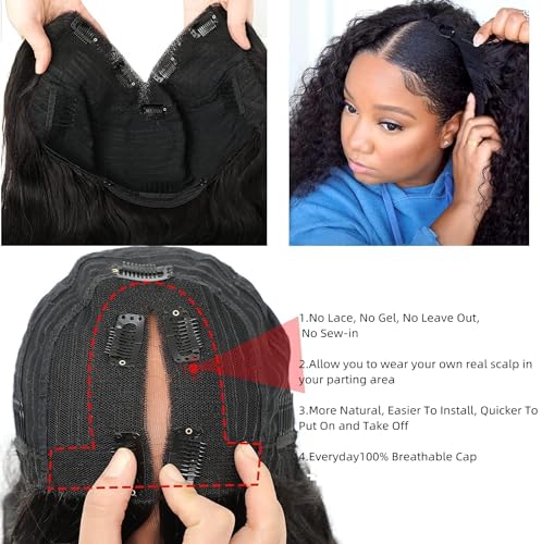 Image of V Part Wig Human Hair Kinky Straight 180% Density Upgrade U Part Human Hair Wig for Women Can Last 6-9 Months No Leave Out No Glue Beginner Friendly Yaki V Shape Wigs 16 Inch Natural Color