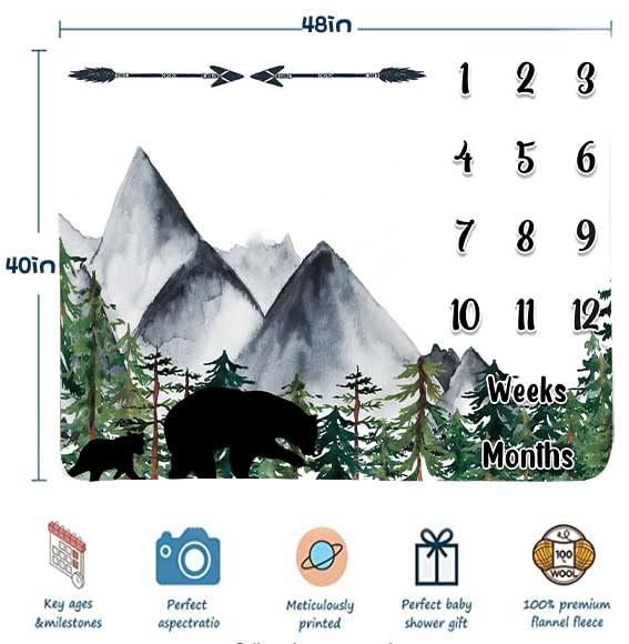 Image of Black Bear Monthly Milestone Blanket, White Unisex | milestone photography Mountains Forest Arrow Design, 48x40in, Soft Flannel, Month and Age Tracking, BTLSFH79