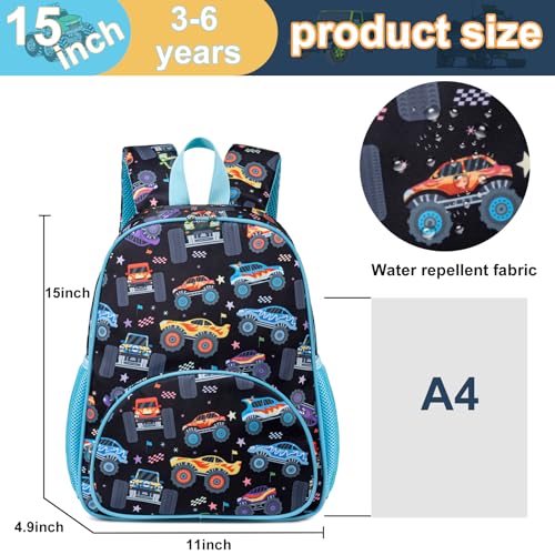 Image of LOIDOU Kids Preschool Backpack for Boys, 15 Inch Monster Truck School Bag, Lightweight Water-Resistant Kindergarten Backpack with Chest Strap for Ages 3-6