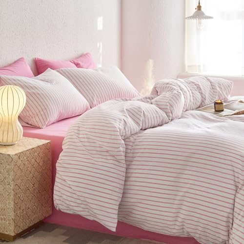 Image of Wake In Cloud - Striped Cotton Duvet Cover Set, Ticking Stripe Vertical Pinstripe Farmhouse, 100% Washed Cotton Textured Bedding Set, 3 Pieces, Pink White, Full Size