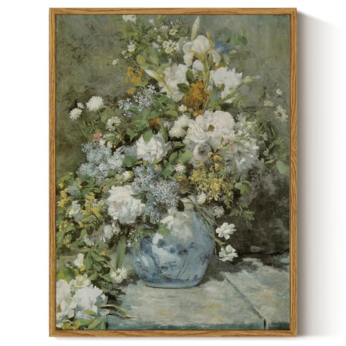 ARPEOTCY Framed Canvas Print Wall Art Decor, French Vintage Flower Spring Botanical Wall Art Home Decor, Ceramic Vase Floral Oil Painting for Living Room, Office Shelf Decoration, 12x16 inch
