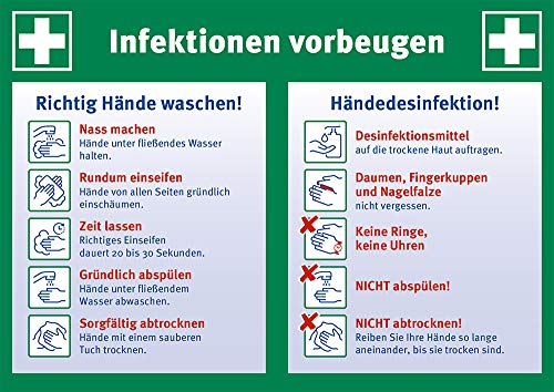 Aushang Infektionen vorbeugen – Anleitung Händewaschen & Händedesinfektion, Aufkleber DIN A4 (297 x 210 mm), selbstklebende PVC-Folie