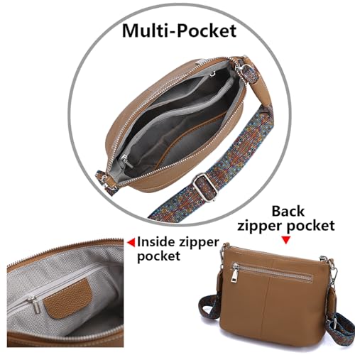 Image of Small Crossbody Purse for Women Genuine Leather Handbag with Colored Guitar Shoulder Strap Casual Satchel Hobo Bags (Brown)