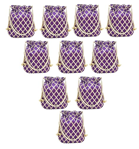 DUCHESS Women's Gota Patti Purple Potli Bag Purse with Pearl Handle (Pack of 10)