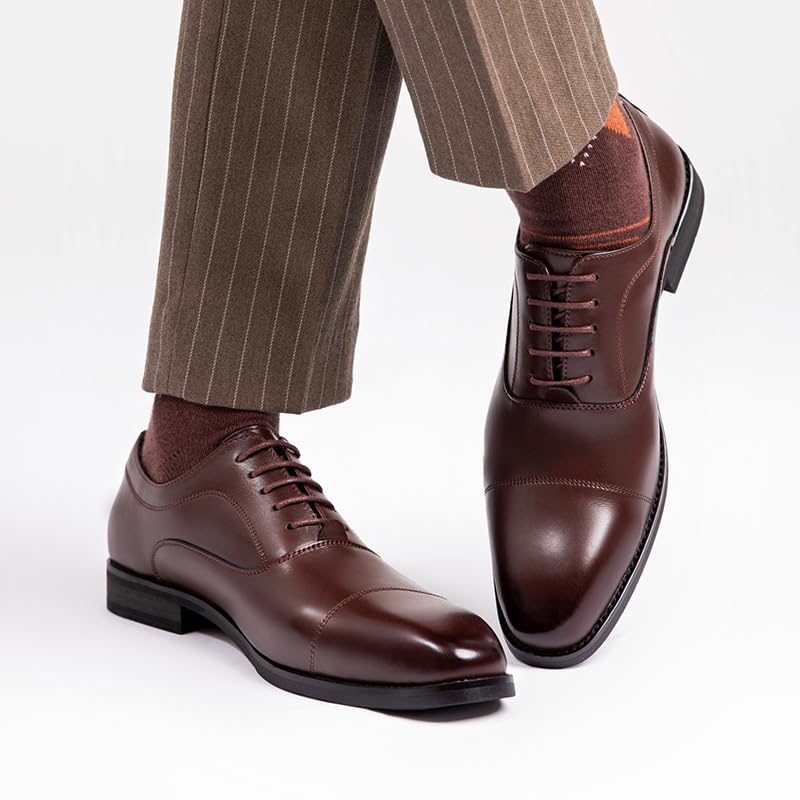 Formal Shoes for Men Lace Up Square Toe Genuine Leather Cap Toe Oxford Shoes Anti-Slip Non Slip Resistant Party(Brown,7.5)4