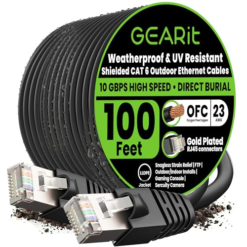 Image of GEARit Cat6 Outdoor Ethernet Cable (100ft) 23AWG Pure Copper, FTP, LLDPE, Waterproof, Direct Burial, In-Ground, UV Resistant, POE, Network, LAN, Internet, Cat 6, Cat6 Cable - 100 Feet