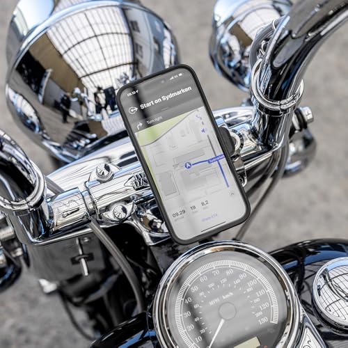Image of Quad Lock Motorcycle Handlebar Phone Mount PRO Chrome - Large with Vibration Dampener and MAG Phone Case for iPhone 14 Plus