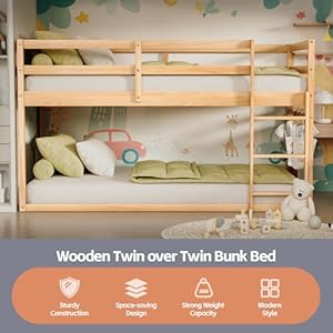 Low bunk bed twin over twin floor bunk bed with ladder twin bunk bed with full guardrails wooden bunk bed for juniors boys girls kids bedrooms natural  urban country home decor