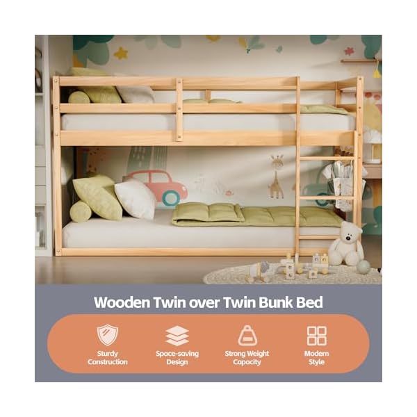 Low bunk bed twin over twin floor bunk bed with ladder twin bunk bed with full guardrails wooden bunk bed for juniors boys girls kids bedrooms natural  urban country home decor