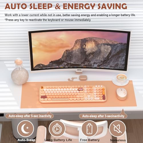 Image of Wireless Keyboard Mouse Combo, Keyboard and Mouse Set,104 Round Keys Colorful Wireless Typewriter for MacBook Windows Laptop Tablet Coffee