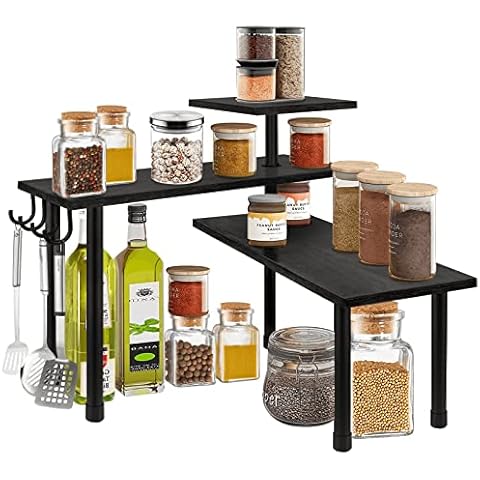 BCOZLUX Kitchen Countertop Organizer, 3 Tier Corner Counter Shelf with Metal Hooks, Bathroom Counter Organizers and Storage, Tiered Wood Spice Rack, Rustic Black Cover