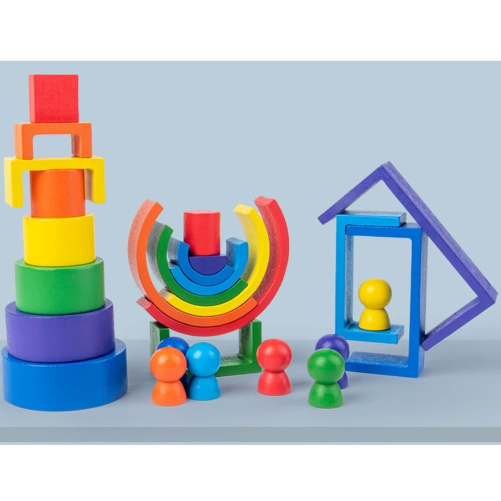 Ensemble de Blocs de Construction Arc-en-Ciel en Bois Montessori
