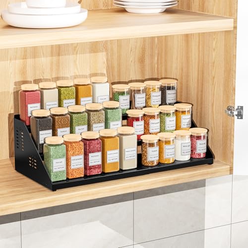 BOIVSHI-3-Tier-Spice-Rack-for-Cabinet-Adjustable-Shelf-Black-Expandable-Width-13-22-Spice-Organizer-for-Countertop-Step-Seasoning-Holder-Metal-Display-Shelf-for-Jars-Pantry-Storage