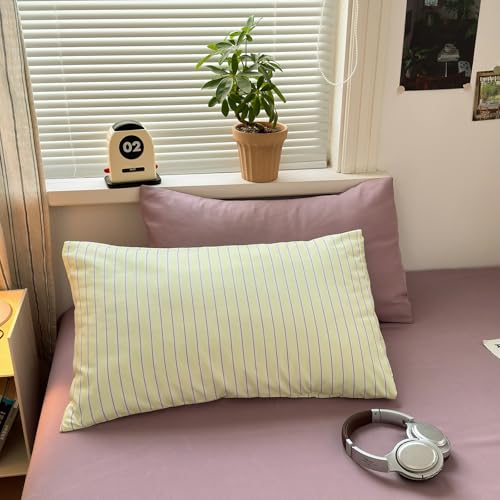 Image of VM VOUGEMARKET Kawaii Cream Yellow Purple Striped Microfiber Duvet Cover Set, Lightweight Soft Pastel Line Pattern Bedding Set for Cozy Aesthetic Bedroom-Queen,90 inchx90 inch