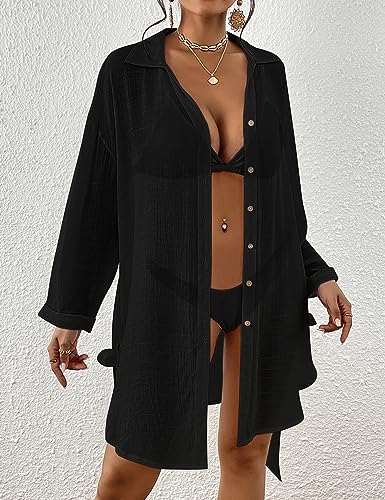Bsubseach Sexy Beach Cover Ups for Swimwear Women Belted Shirt Dress Button Down Swimsuit Coverup Black4