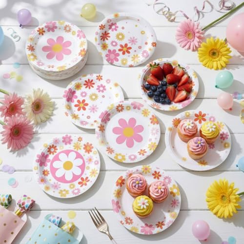 Image of Funnymoom 60 Pcs 7 Inch Groovy Daisy Birthday Paper Plates Retro Hippie Boho Disposable Dessert Plates Flower Party Supplies for Birthday Bridal Baby Shower Wedding Tea Party Decoration