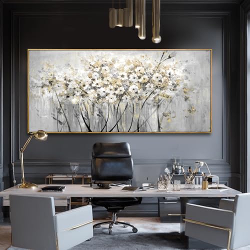 Image of VAYIMDH White and Gold Canvas Wall Art Flower Photo Prints Vintage Wood Wall Decor 40 inchx86 inch Kitchen Artwork Pictures for Bedroom