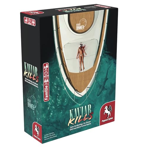 Pegasus Spiele 19014G - Deadly Dinner - Kaviar Kills - Krimi Dinner für Zuhause - 7 bis 11 Spieler - Krimispiele für Erwachsene - Krimidinner Spiel, Schwarz