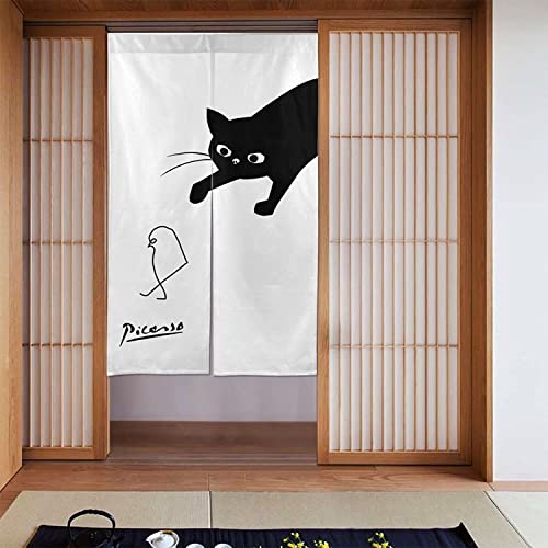 のれん 目隠し ロング 暖簾 ピカソ 猫 ネコ 和風のれん 86 x 143cm 間仕切りカーテン 遮光のれん おしゃれ シェードカーテン つっぱりカーテン キッチン 出入り口 飾り物 和室 洋室 飲食店 部屋飾り