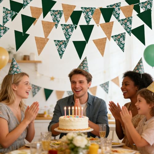 Image of Zwiebeco 39Ft Dark Green Floral Fabric Pennant Banner Vintage Burlap Triangle Flag Retro Flower Bunting Party Decoration for Birthday Engagement Wedding Bridal Baby Shower Rustic Village Garden Decor