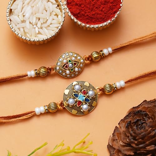 Image of eCraftIndia Set of 2 Green & Golden Shri Krishna and Radha Krishna Playing Flute Designer Religious Rakhis | Roli Chawal Pack | Rakhi for Brother