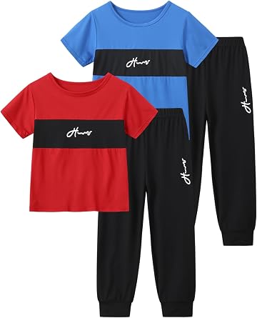 Boys Summer Clothes autumn Short Sleeve Tops and Pant sets for Kids | 4 Piece,Elastic Waist,Color-Block Shirts,Fashion Print,Athletic Casual Outfit,3-12 Years