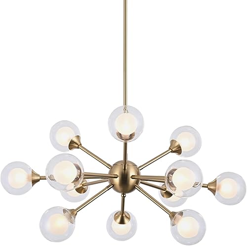 Candelabro Sputnik de 12 luces con acabado de latón cepillado con globo de vidrio de burbujas, modernas lámparas de cocina doradas colgantes de