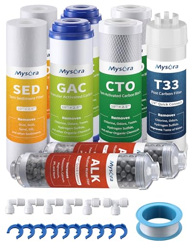 Mysora F9K NSF Certified 1-Year Reverse Osmosis Water Filter Replacement Set Compatible with iSpring RCC7AK 9-Count for 6-Stage RO System with Alkaline Remineralization Filter Without RO Membrane