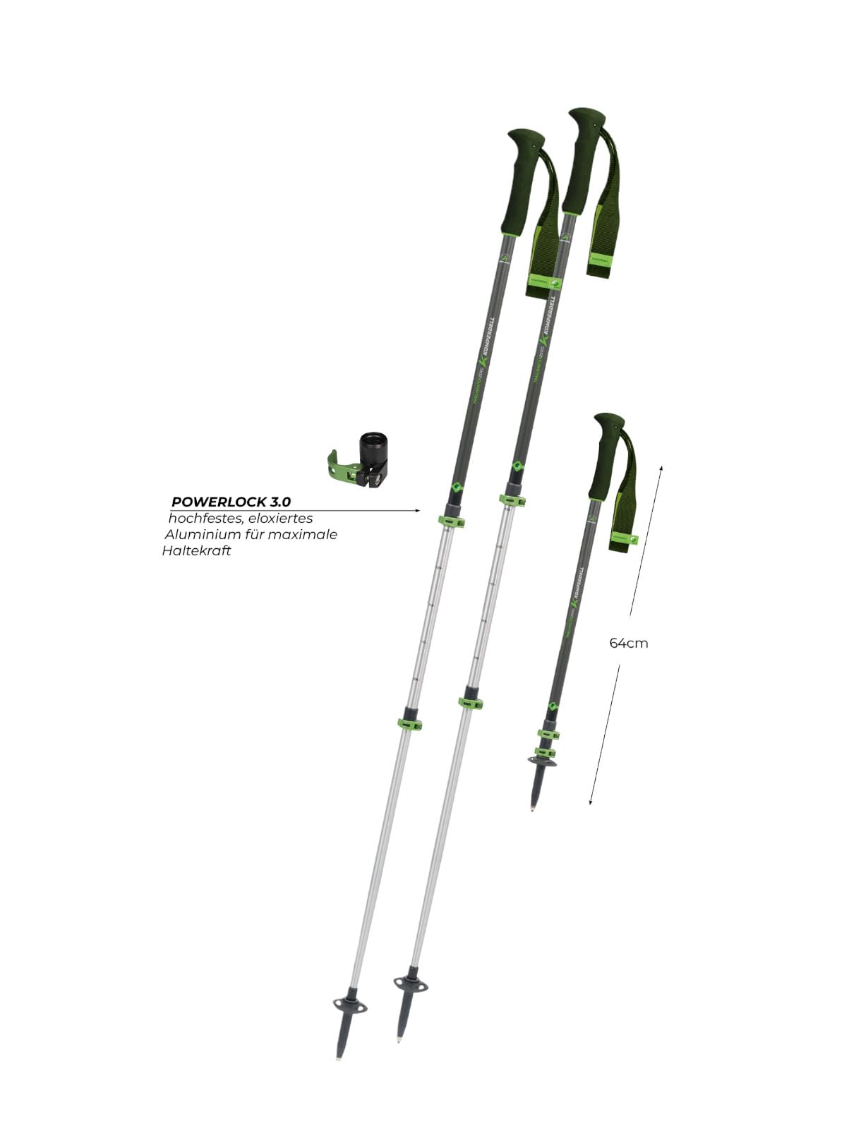 KOMPERDELL Trailmaster Zero Bâton de randonnée pliable en aluminium avec poignée en mousse EVA, Powerlock 3.0 et système de plaques Vario, 64 cm, longueur réglable 105-140 cm