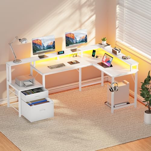 YOUDENOVA Escritorio esquinero con cajones, forma L, 168 x 100 cm, mesa para videojuegos con LED, mesa de ordenador con enchufe y puerto de carga USB, mesa de oficina, color blanco