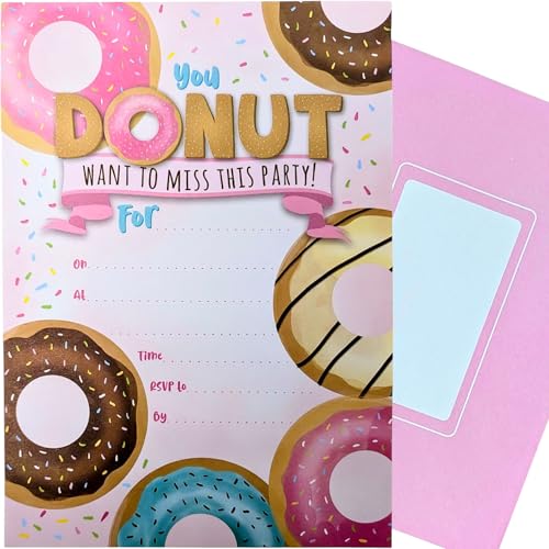 YLAB - 20 invitaciones a fiesta de donuts y sobres rosas - Cumpleaños, compromiso, baby shower