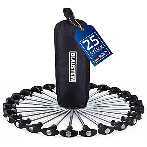 Blaustein Zeltheringe - 25x Robuste Heringe Camping - Deutsche Markenqualität - Lange Erdnägel aus Stahl & Sturmsicher - Heringe Erdnägel Stabil - Premium Heringe - Schraubheringe Camping - Erdnagel Cover