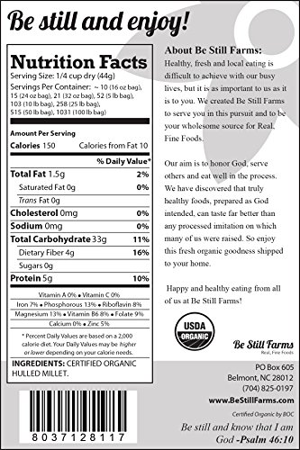 Be Still Farms Organic Hulled Millet (5lb) Millet Bulk - Organic Whole Millet ideal for Millet Cereal - Millet Porridge or little Millet Rice - USDA Certified Organic - Non-GMO - Vegan - Vegetarian