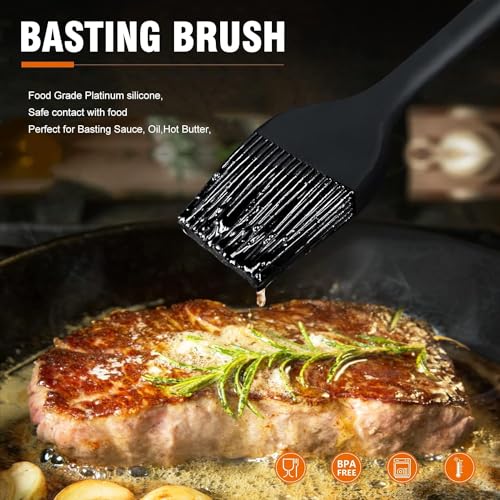 Image of Walfos Basting Brush Silicone and BBQ Mop, Grill Basting Mop with 3 Heads and 2Pcs Pastry Brushes, Wooden Long Handle, Heat Resistant for Grilling, Smoking Steak, Kitchen Cooking (18 inch）