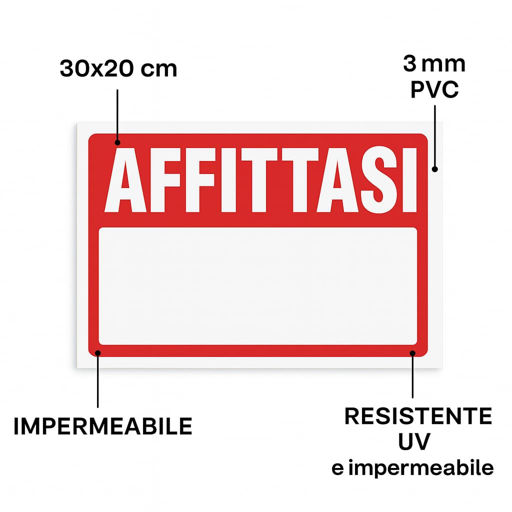 Cartello “AFFITTASI” Personalizzabile – PVC 3 mm – Formato 30x20 cm – Resistente UV e Impermeabile – Con Spazio per Dati di Contatto – LEMAG SRL