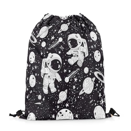 Manfei Cartoon Astronaut Drawstring Backpack Gym Bag,Starry Galaxy Universe Cinch Bag,Planets Outer Space Foldable Draw String Back Bag Sports Bag