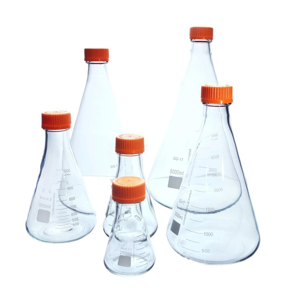 Glass Flask for Laboratory, 250 500 1000ml Graduated GG-17 Glass Flask With Orange Screw Cap Labrotary Glassware Experiment(2000ml Small Port)