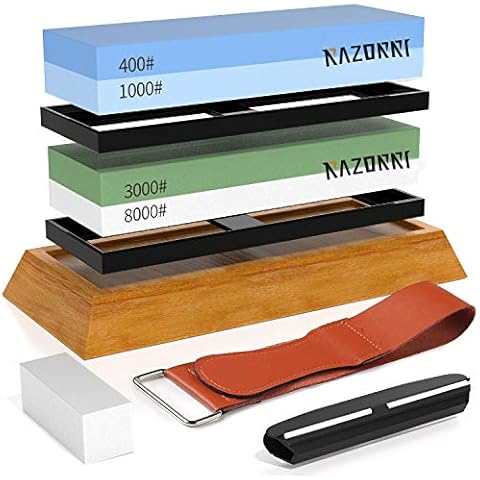 Razorri Knife Sharpening Stone Kit, Double-Sided 400/1000 and 3000/8000 Grit Whetstones, Flattening Stone, Leather Strop, and Angle Guide Included, Sharpen and Polish Any Metal Blade (Flat Base) Cover