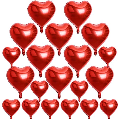 AONER 20 Stück Rot Herzballons (10x18 Zoll + 10x10 Zoll) inkl. 2 Set Lametta Folienballons Luftballons Herzform Heliumballons Herzluftballons für Geburtstag Valentinstag Hochzeit Verlobung (Rot)