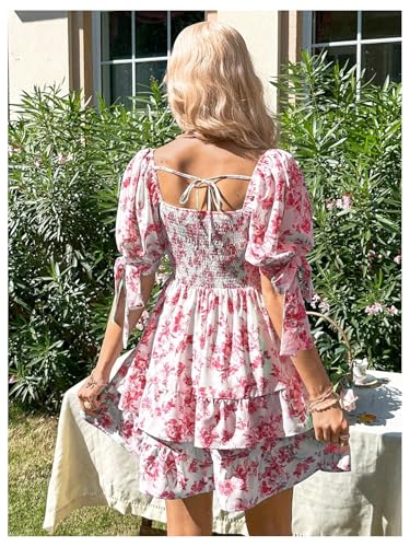 Image of Floerns Women's Floral Print Puff Sleeve Square Neck Tiered Layer Shirred Dresses