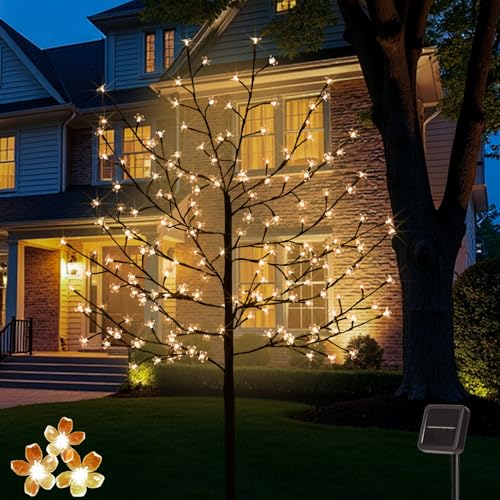ooLALoo Solar Lighted Cherry Blossom Tree 6 Feet 200LED Light Up Artificial Cherry Tree with Detachable Crystal Flower for Outdoor Porch Home Wedding Holiday Decoration (Warm White)