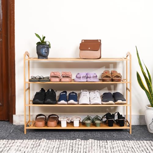 Image of Naayaab Craft Bamboo Shoe Racks 4 Tier Shoes Storage Shelf, Multi-Functional Shoe Storage Organiser Rack, Shoe Tower Shelf for Living Room, Entryway, Hallway - (89 x 23 x 69cm) - Natural