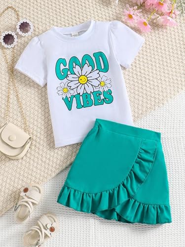 Image of Kids Toddler Girl Summer Clothes Letter Printed T-Shirt Top+ Floral Skirt 2pcs Girl's Skirt Set